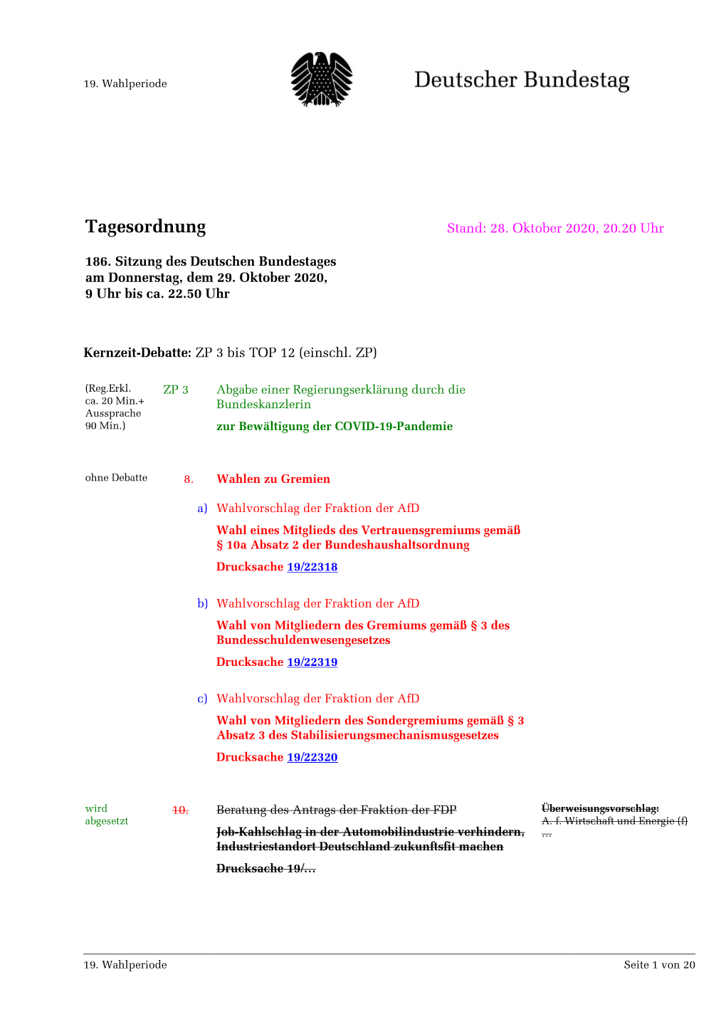 Amtliche Tagesordnung Der 186. Sitzung Des 19. Deutschen Bundestages