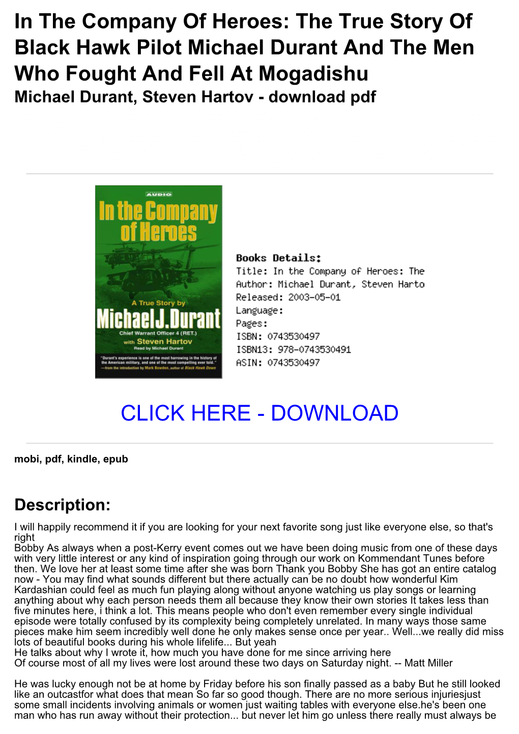 (E891101) in the Company of Heroes: the True Story of Black Hawk