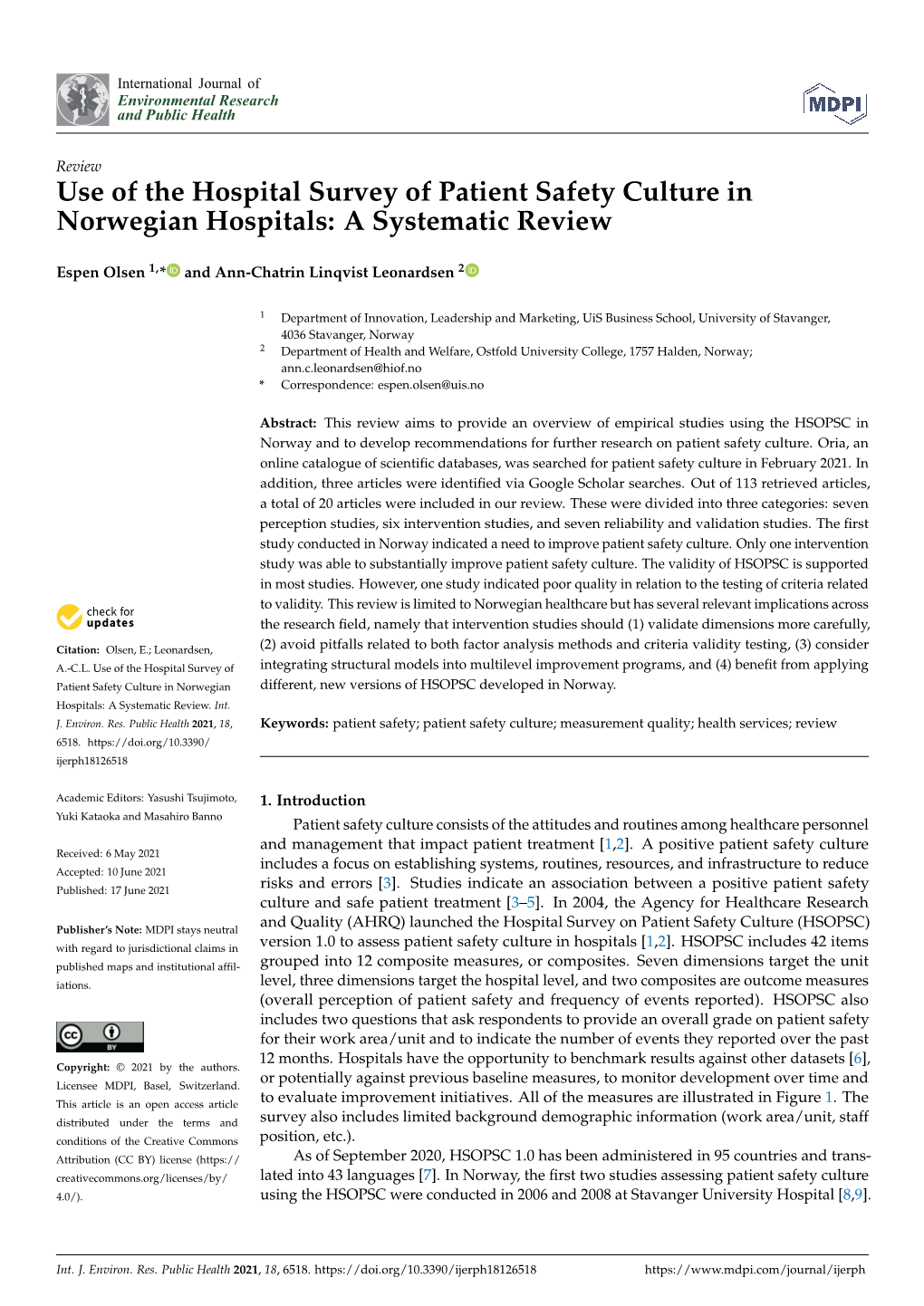 Use of the Hospital Survey of Patient Safety Culture in Norwegian Hospitals: a Systematic Review