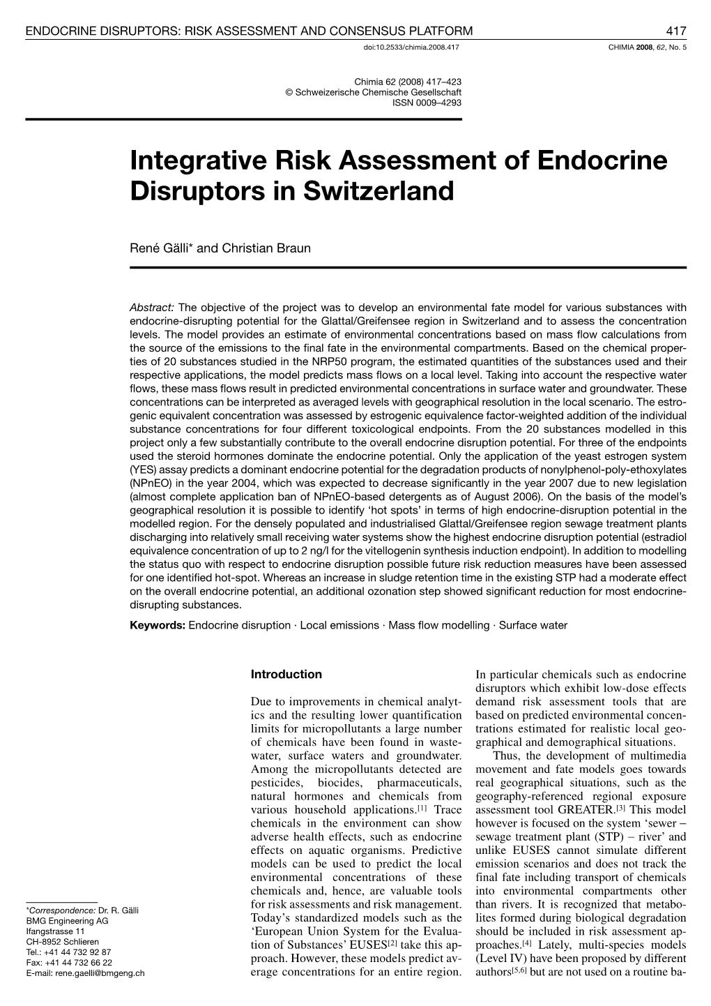 Integrative Risk Assessment of Endocrine Disruptors in Switzerland