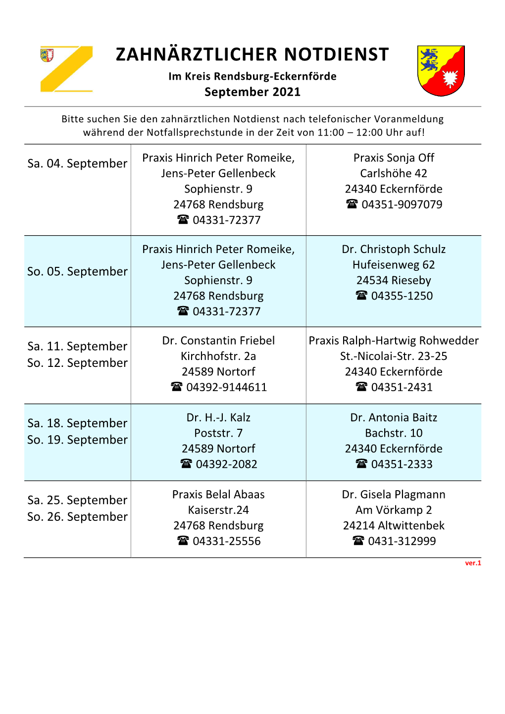 ZAHNÄRZTLICHER NOTDIENST Im Kreis Rendsburg-Eckernförde September 2021