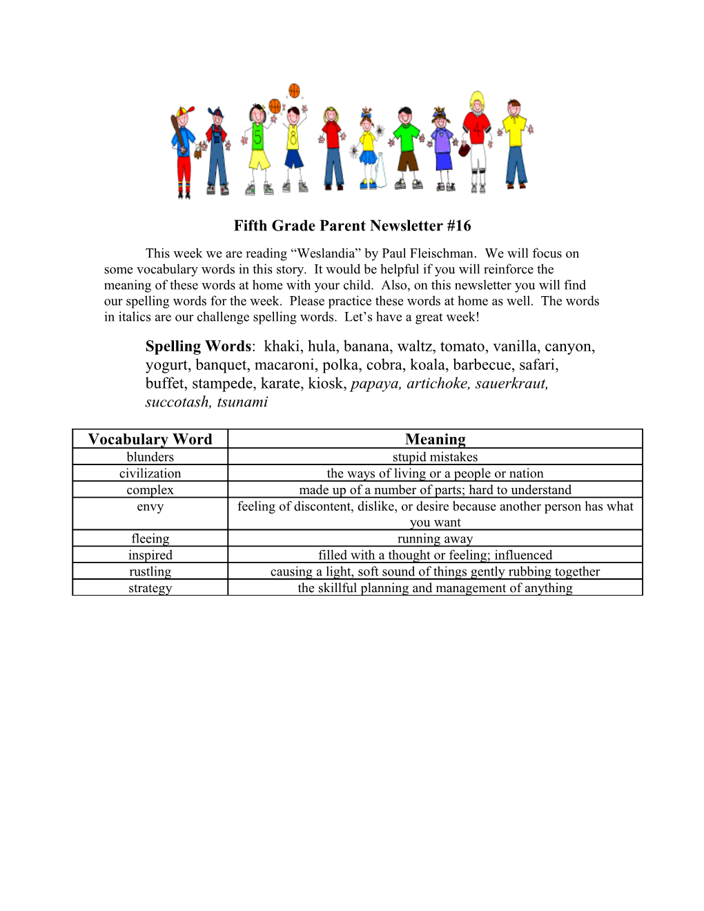 Fifth Grade Parent Newsletter #16