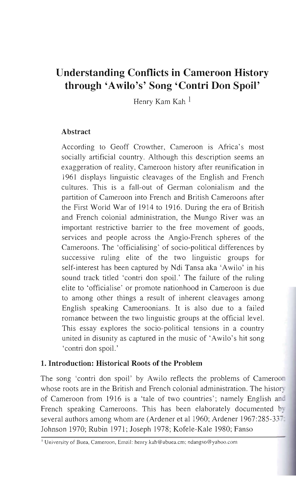 Understanding Conflicts in Cameroon History Through 'Awilo's' Song 'Contri Don Spoil' Henry Kam Kah 1
