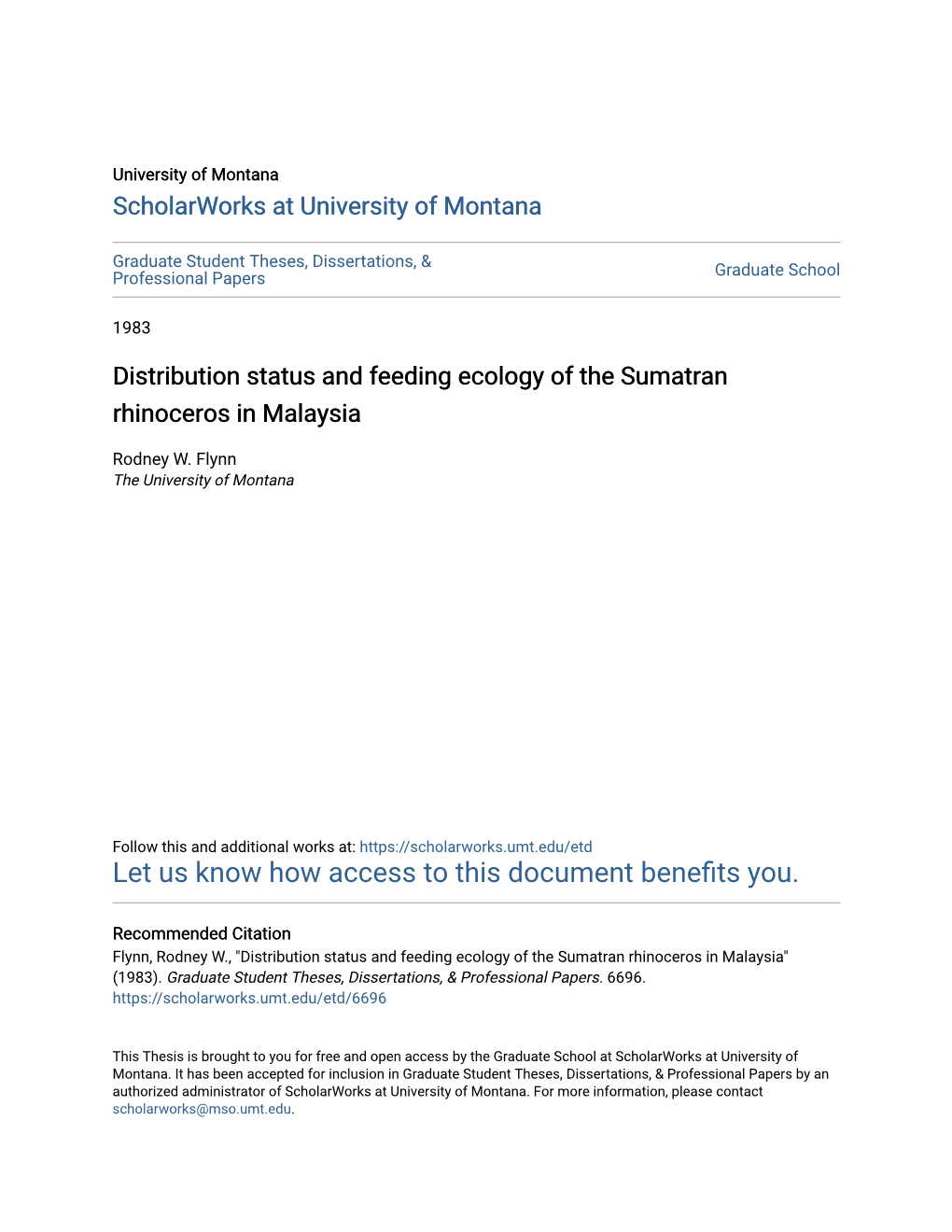 Distribution Status and Feeding Ecology of the Sumatran Rhinoceros in Malaysia