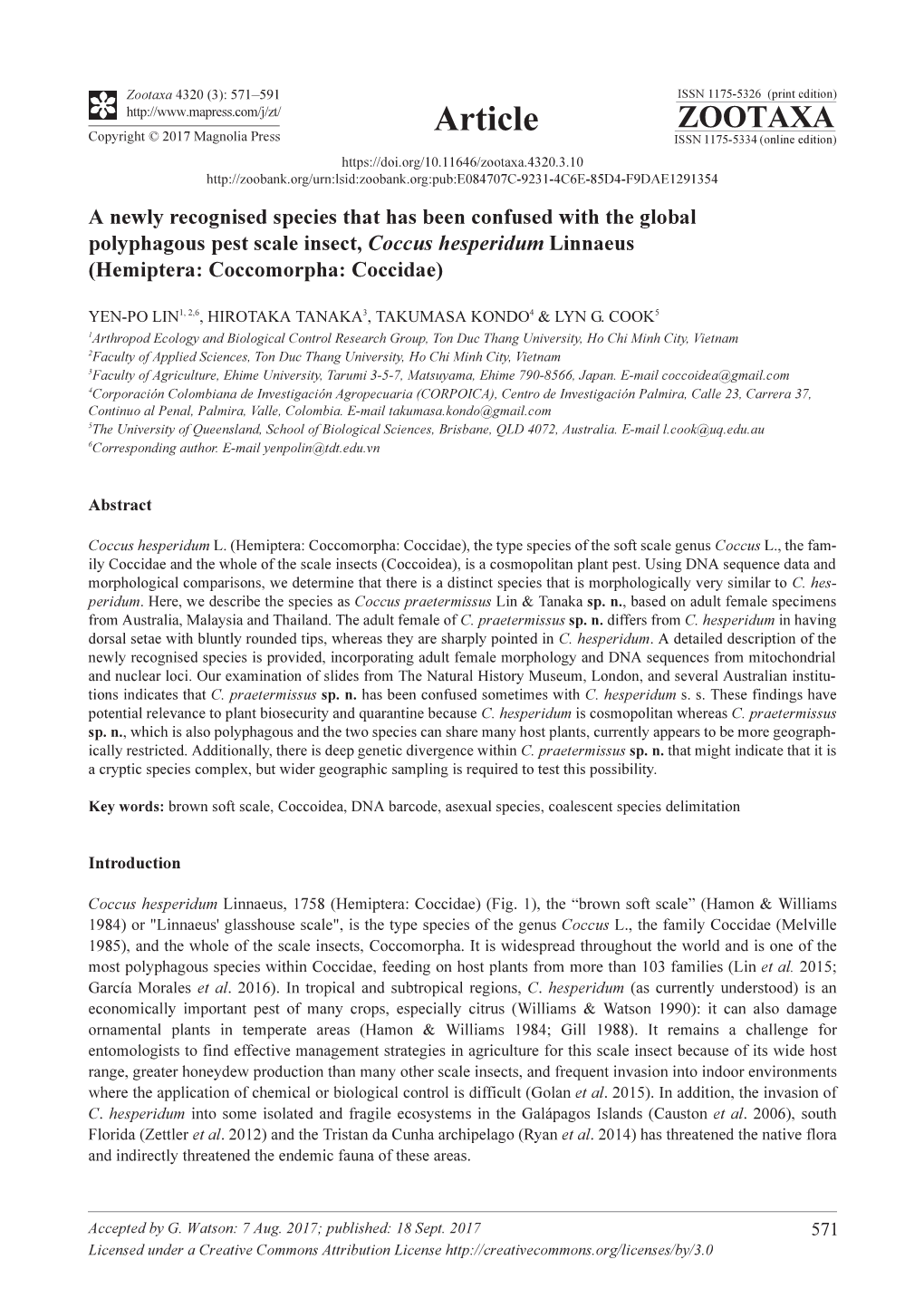 A Newly Recognised Species That Has Been Confused with the Global Polyphagous Pest Scale Insect, Coccus Hesperidum Linnaeus (Hemiptera: Coccomorpha: Coccidae)