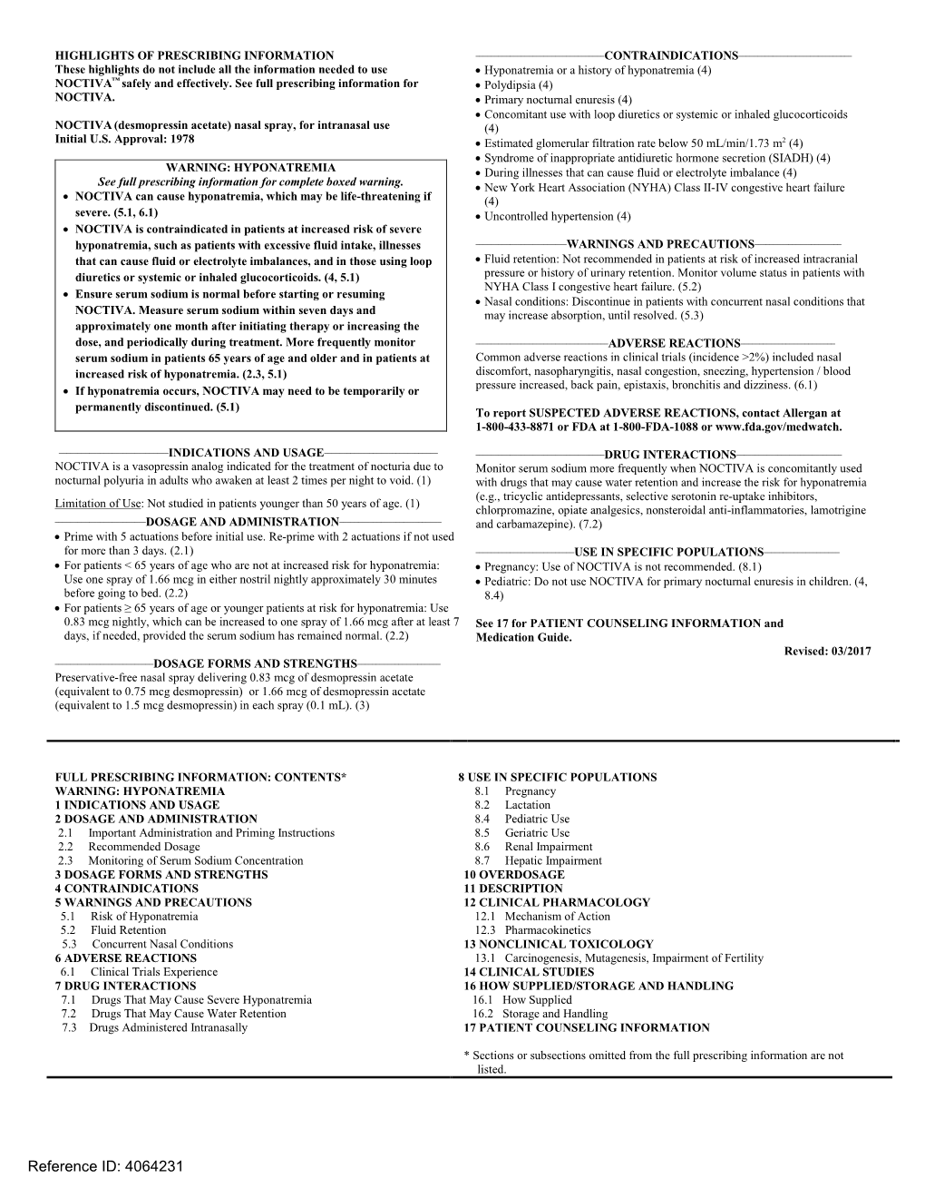 NOCTIVA (Desmopressin Acetate) Nasal Spray, for Intranasal Use (4) Initial U.S