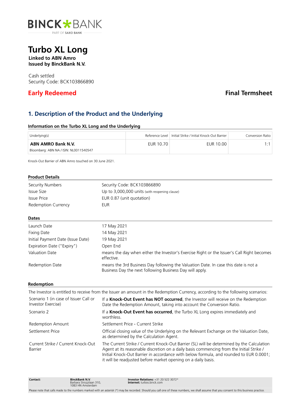 Turbo XL Long Linked to ABN Amro Issued by Binckbank N.V