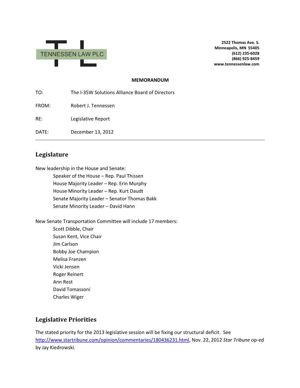 Legislature Legislative Priorities