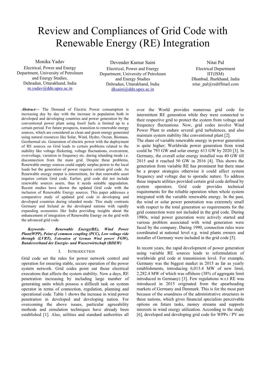 Review and Compliances of Grid Code with Renewable Energy (RE) Integration