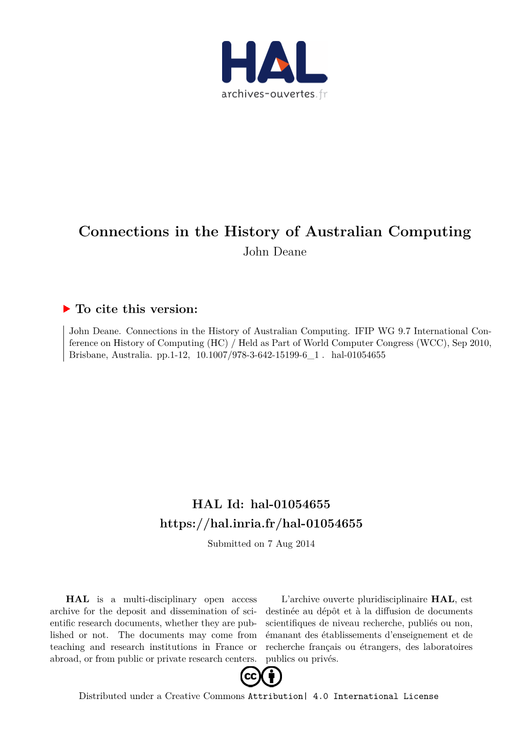 Connections in the History of Australian Computing John Deane