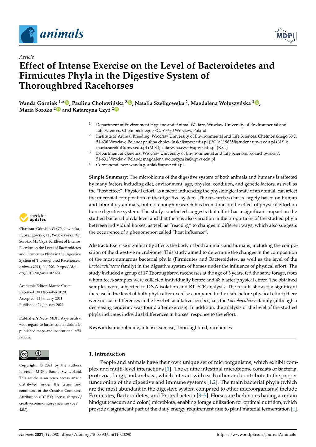 Effect of Intense Exercise on the Level of Bacteroidetes and Firmicutes Phyla in the Digestive System of Thoroughbred Racehorses