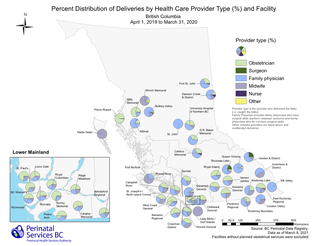 Percent Distribution of Deliveries by Health Care Provider Type (%) and Facility British Columbia Ü April 1, 2019 to March 31, 2020 Provider Type (%)