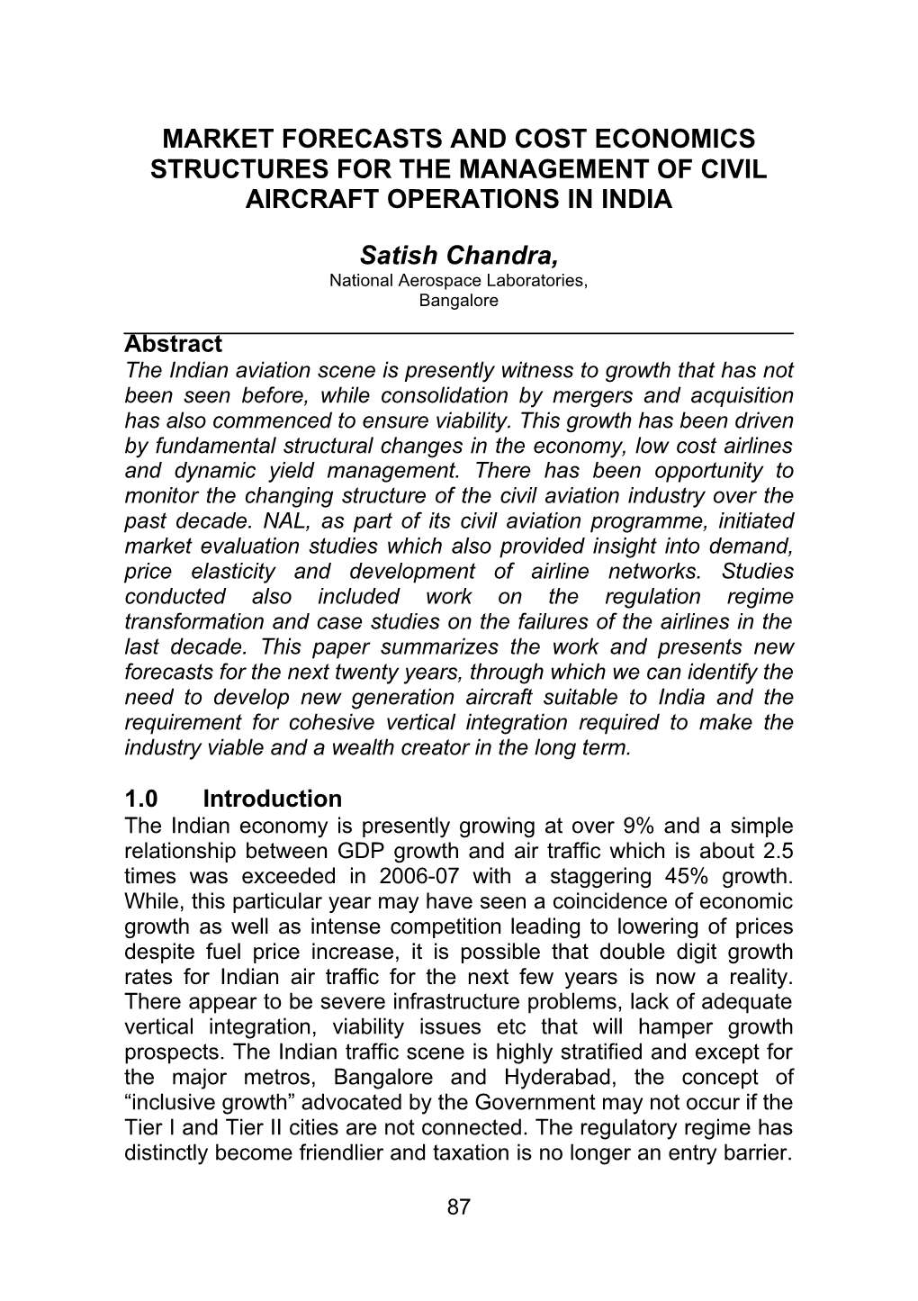 Market Forecasts and Cost Economics Structures for the Management of Civil Aircraft Operations in India