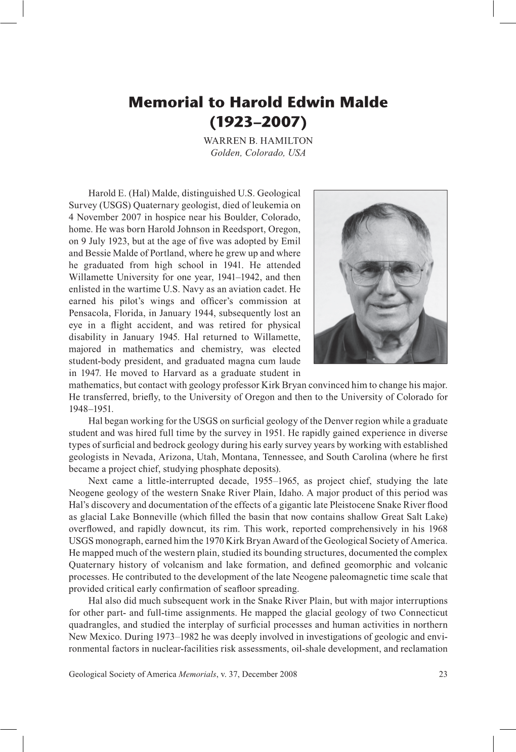 Memorial to Harold Edwin Malde (1923–2007) WARREN B