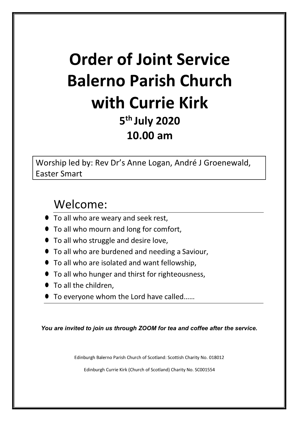 Order of Joint Service Balerno Parish Church with Currie Kirk 5Th July 2020 10.00 Am