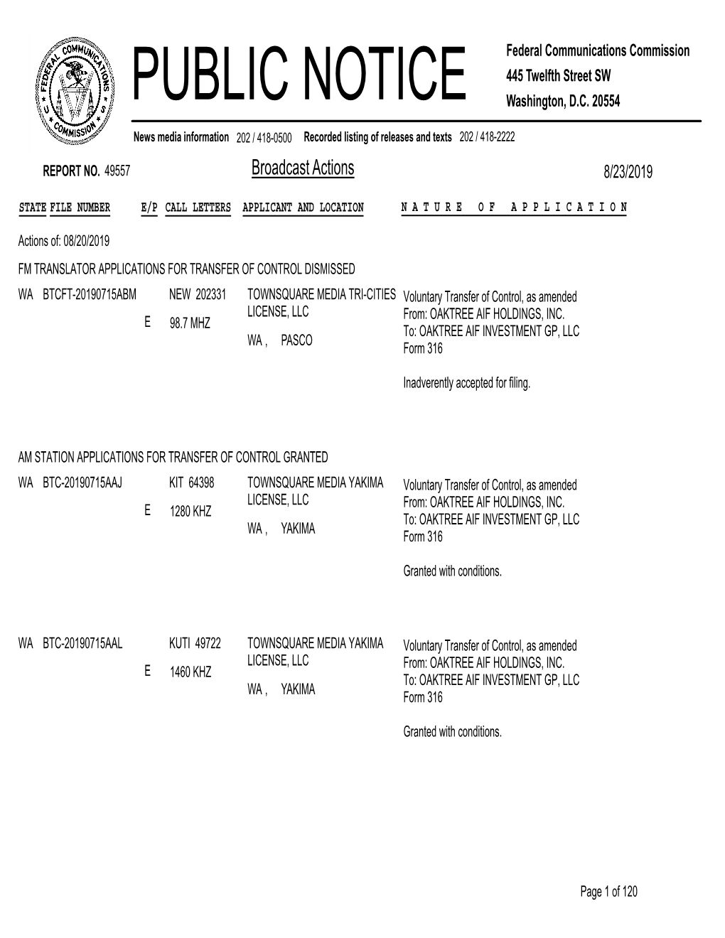 Broadcast Actions 8/23/2019