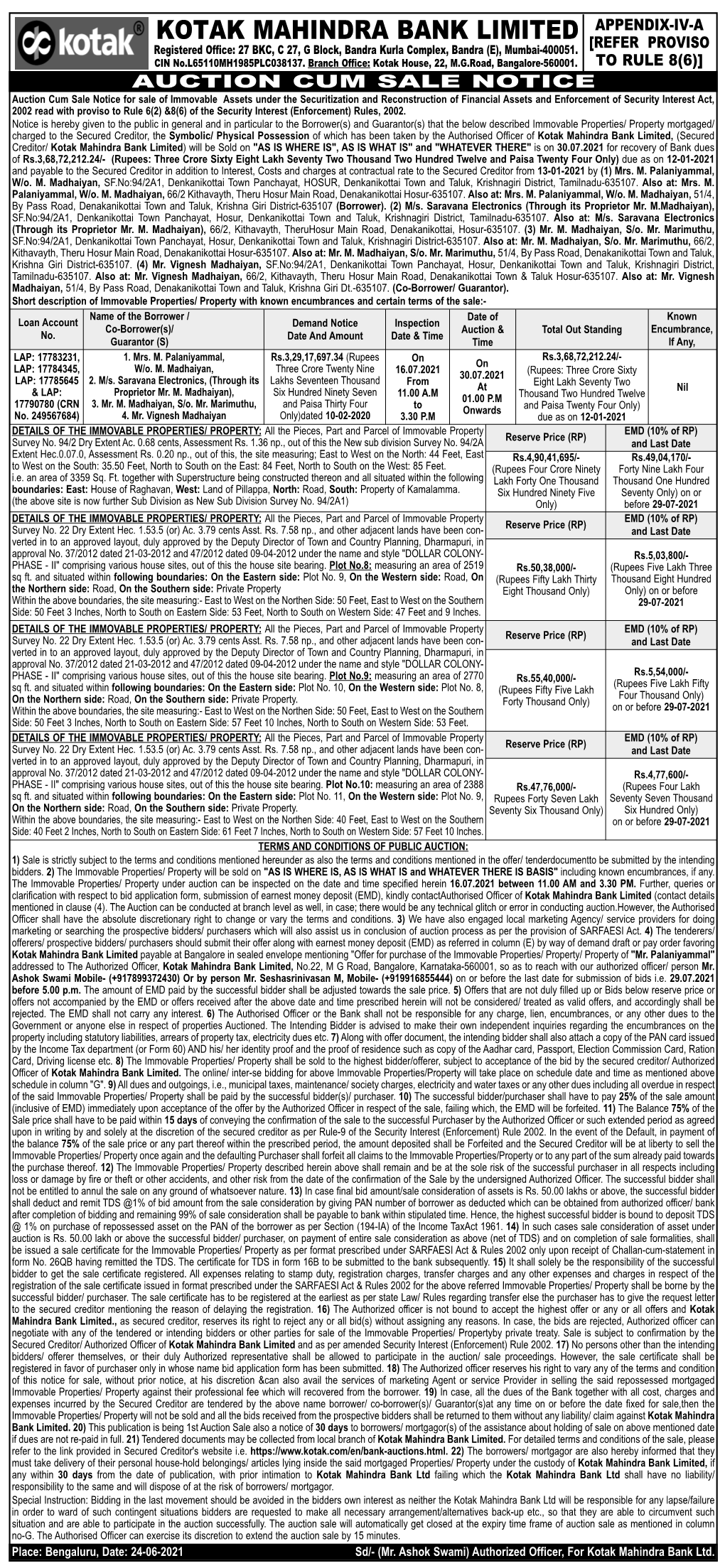 KOTAK MAHINDRA BANK LIMITED APPENDIX-IV-A Registered Office: 27 BKC, C 27, G Block, Bandra Kurla Complex, Bandra (E), Mumbai-400051