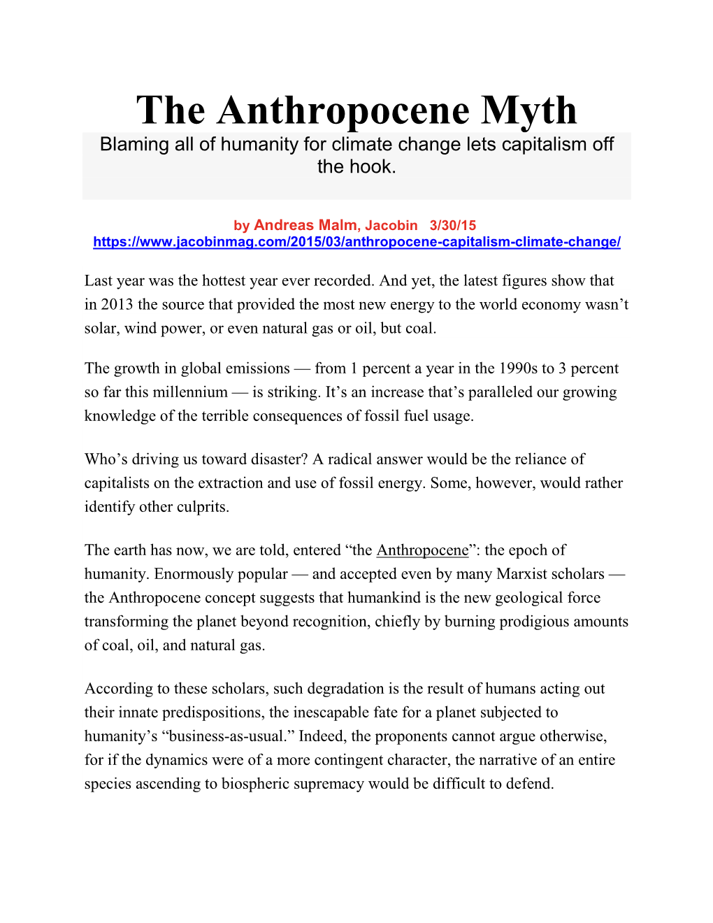 The Anthropocene Myth Blaming All of Humanity for Climate Change Lets Capitalism Off the Hook