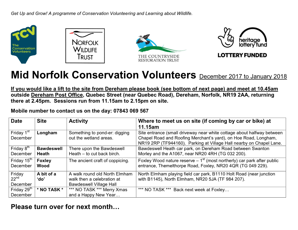 Mid Norfolk Conservation Volunteers December 2017 to January 2018