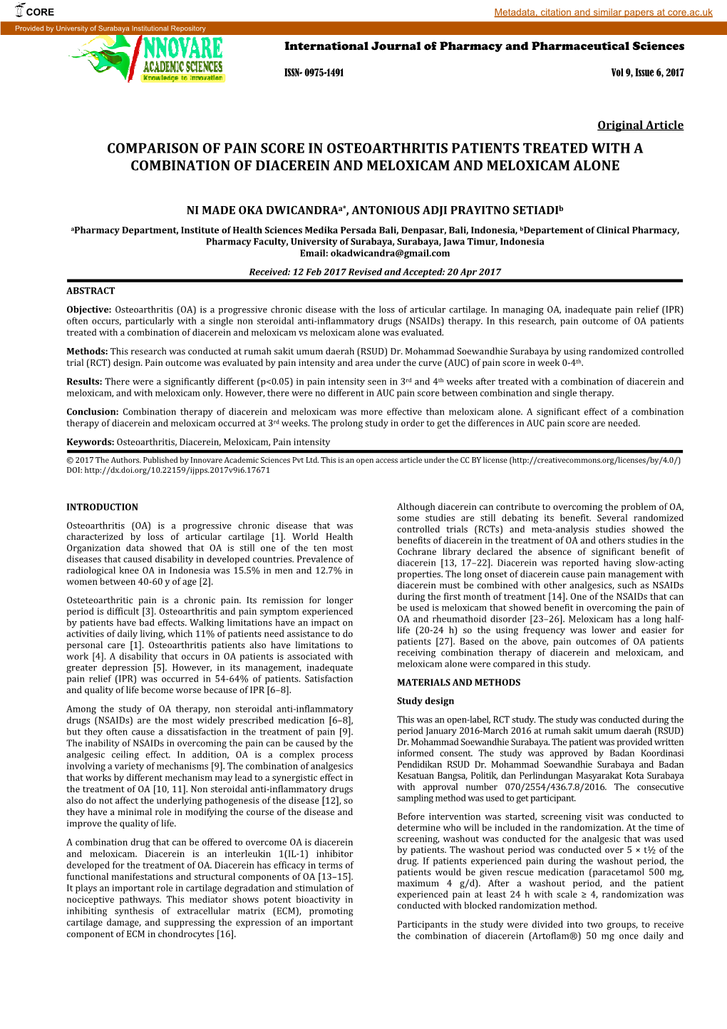 Comparison of Pain Score in Osteoarthritis Patients Treated with a Combination of Diacerein and Meloxicam and Meloxicam Alone