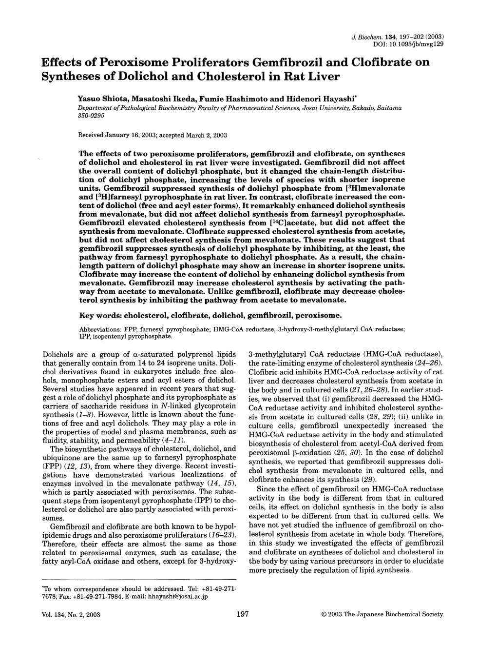 Effects of Peroxisome Proliferators Gemfibrozil and Clofibrate on Syntheses of Dolichol and Cholesterol in Rat Liver