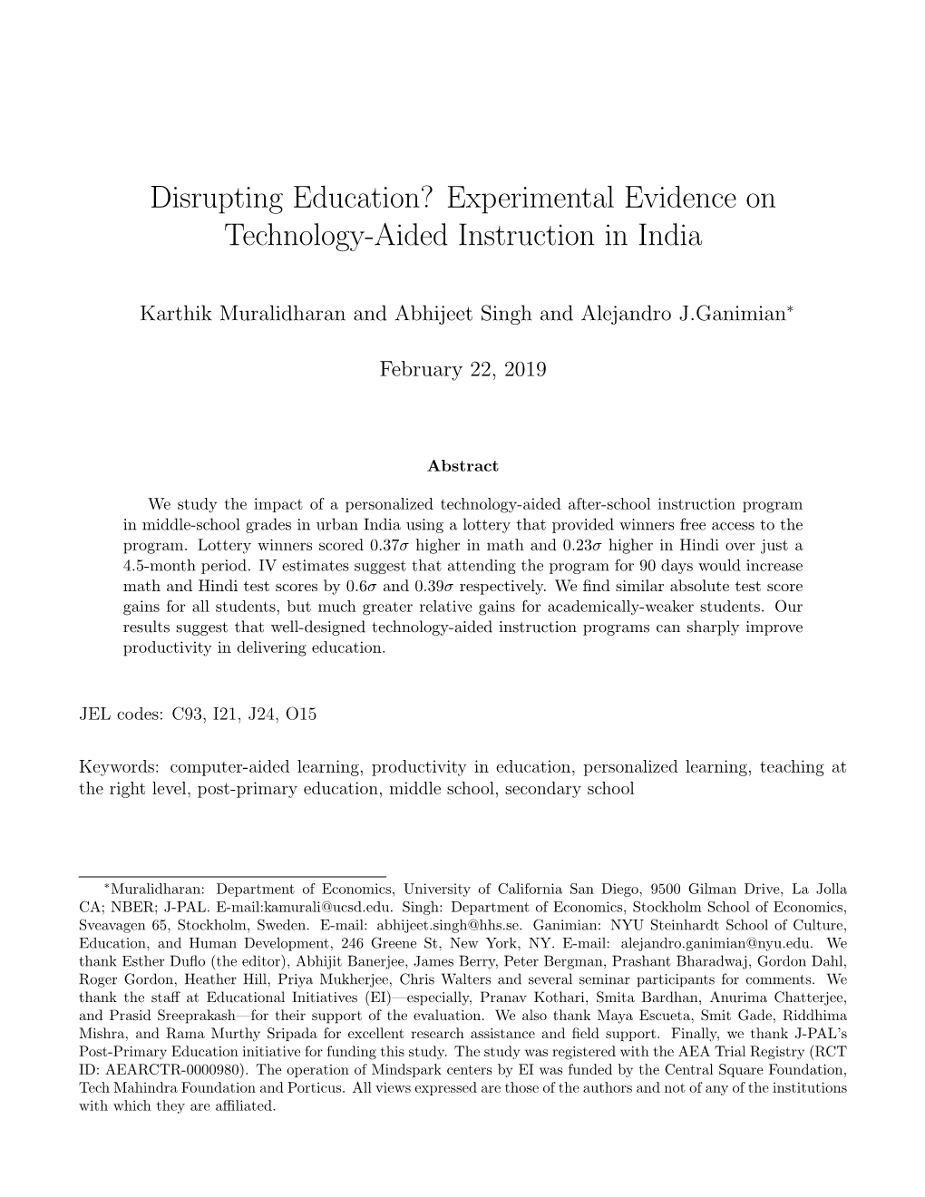 Experimental Evidence on Technology-Aided Instruction in India