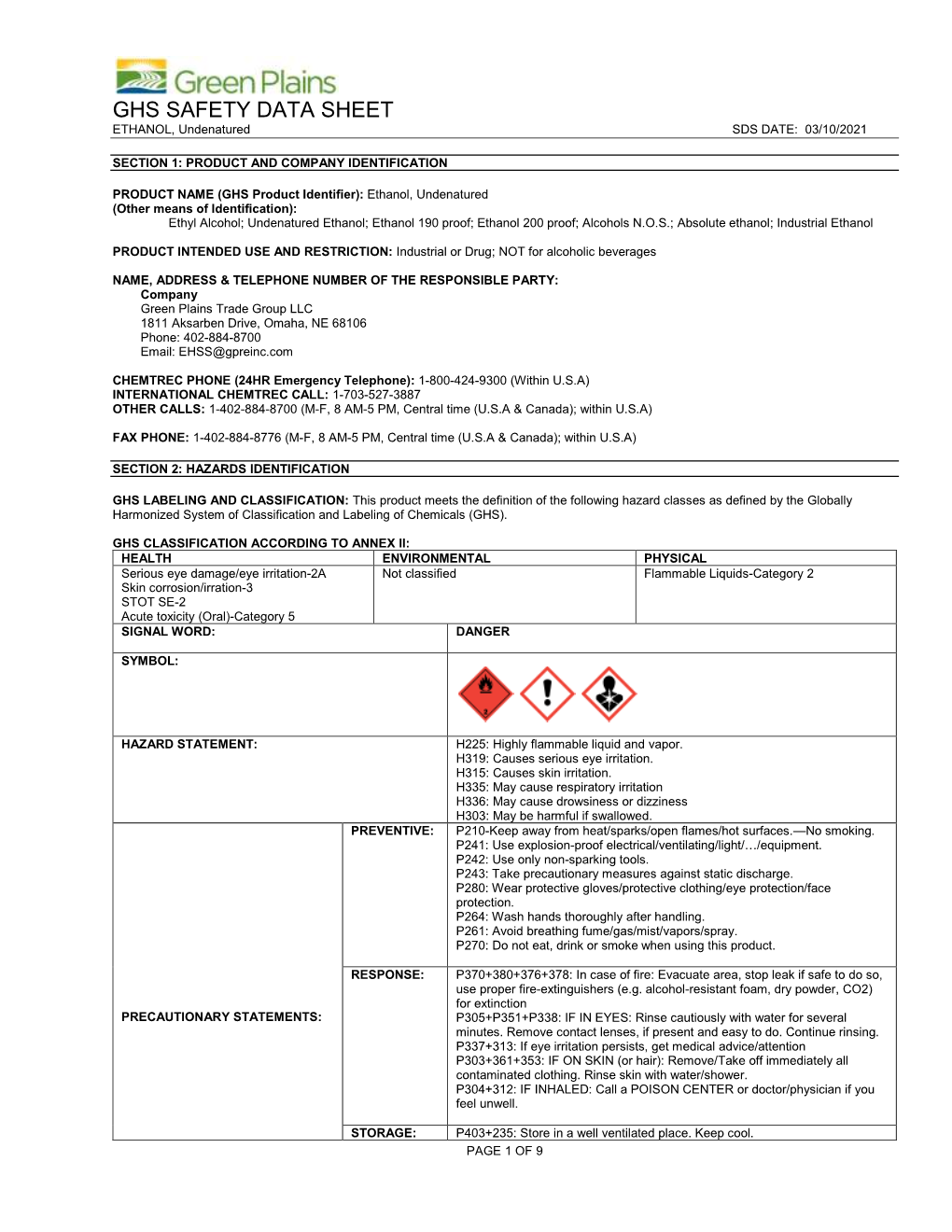 ETHANOL, Undenatured SDS DATE: 03/10/2021