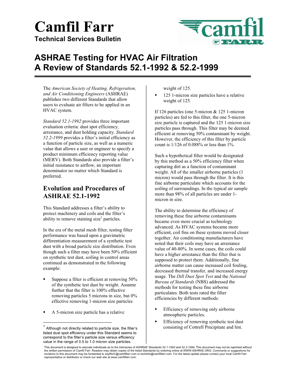 ASHRAE Testing for HVAC Air Filtration a Review of Standards 52.1-1992 & 52.2-1999