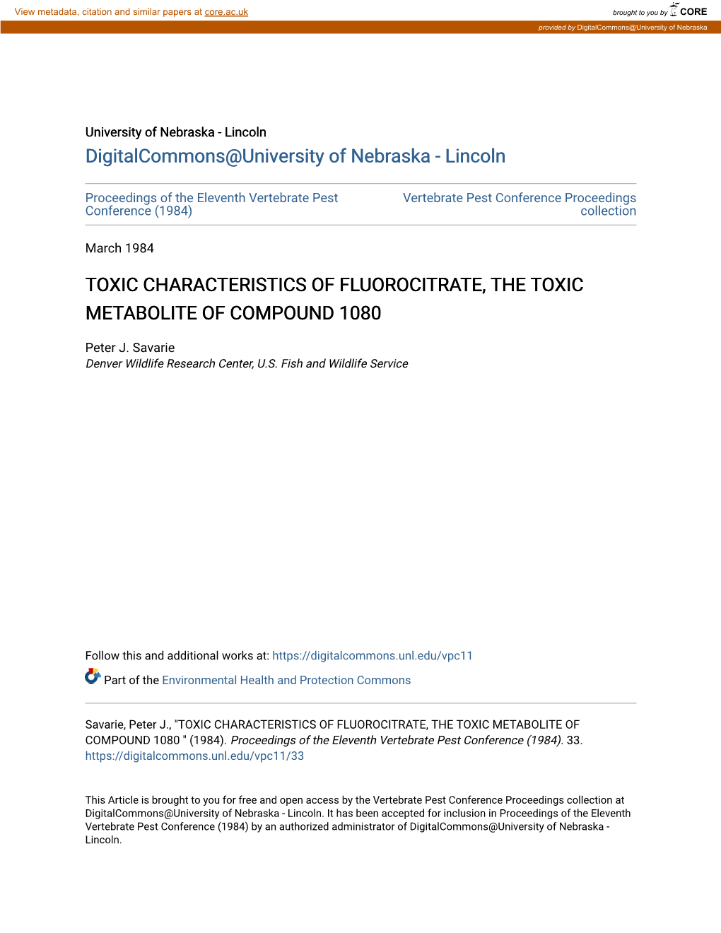 Toxic Characteristics of Fluorocitrate, the Toxic Metabolite of Compound 1080