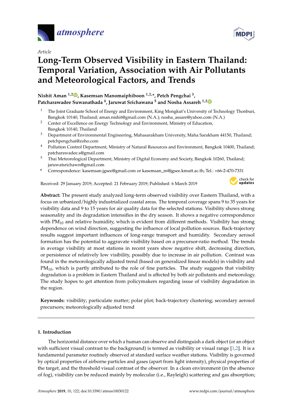 Long-Term Observed Visibility in Eastern Thailand: Temporal Variation, Association with Air Pollutants and Meteorological Factors, and Trends