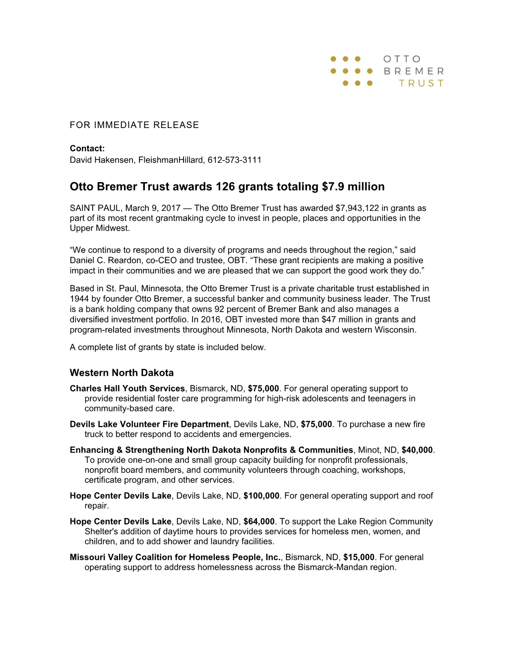 Otto Bremer Trust Awards 126 Grants Totaling $7.9 Million