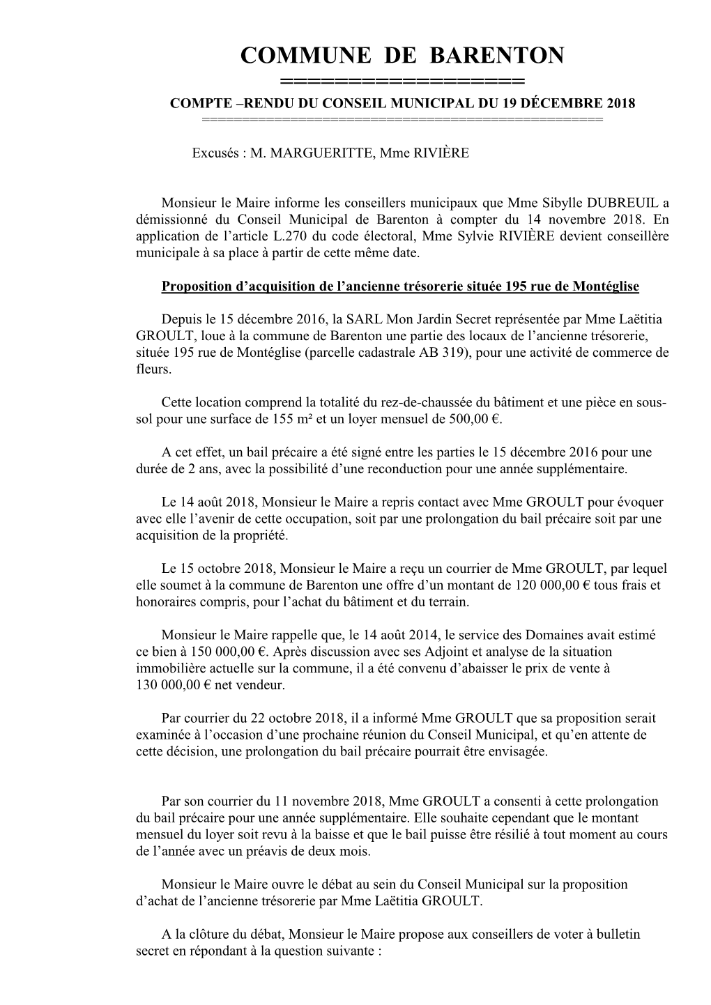 Compte –Rendu Du Conseil Municipal Du 19 Décembre 2018 ======