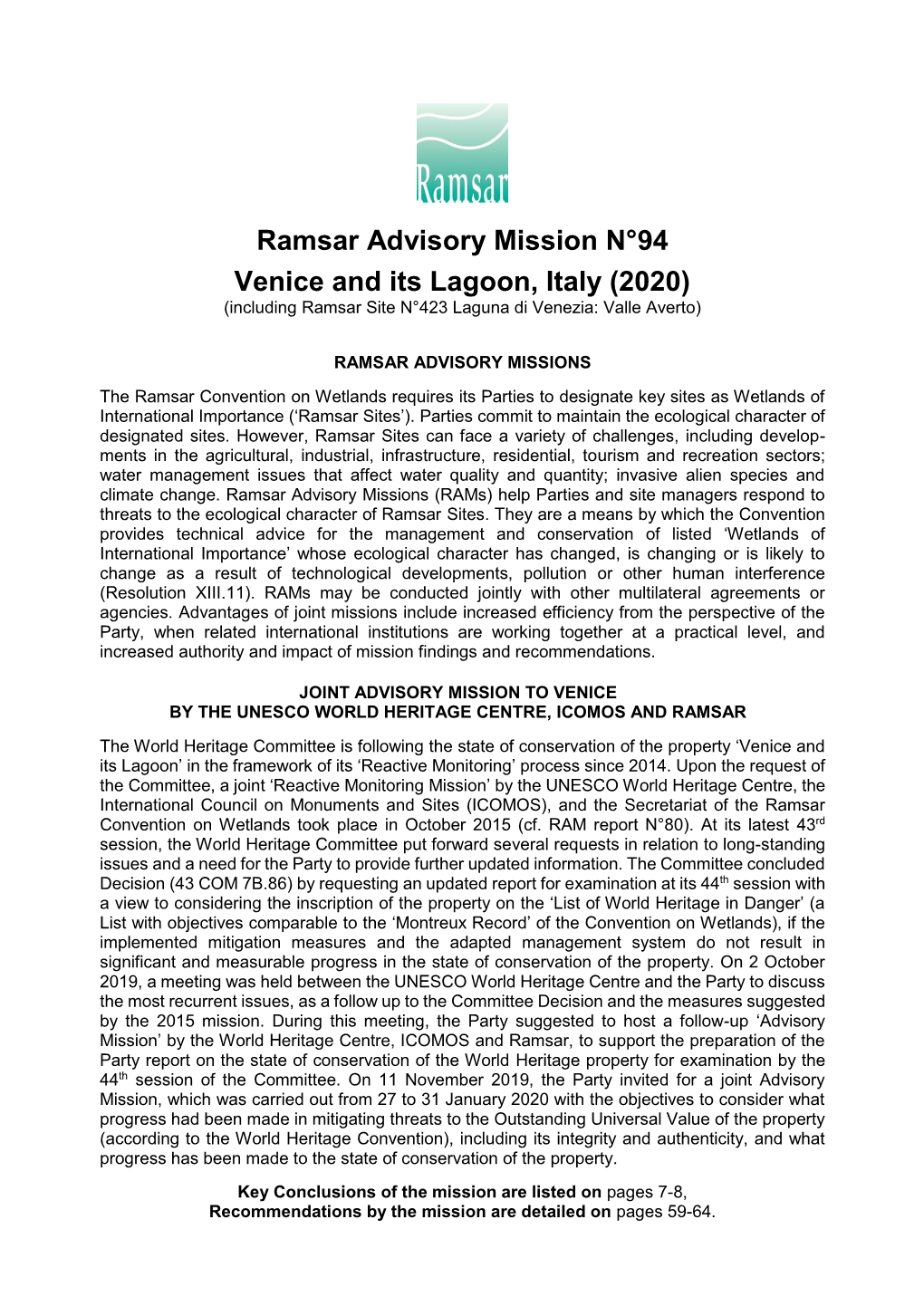Ramsar Advisory Mission N°94 Venice and Its Lagoon, Italy (2020)