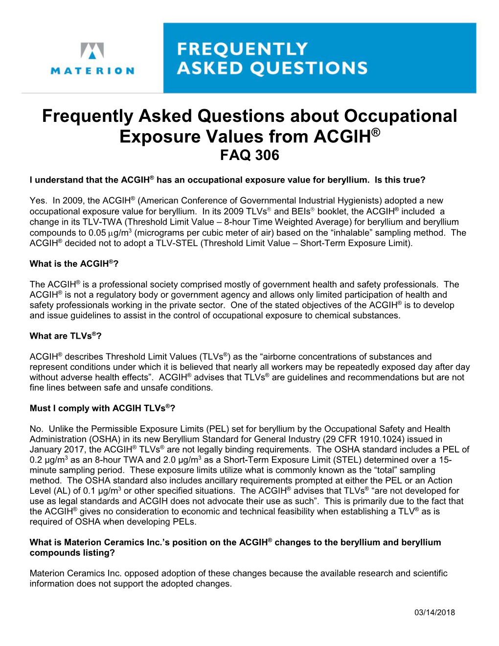 Faqs on Occupational Exposure Values from ACGIH