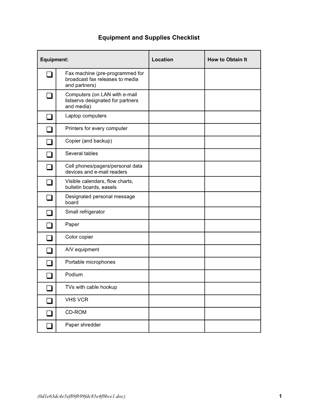 Equipment and Supplies Checklist