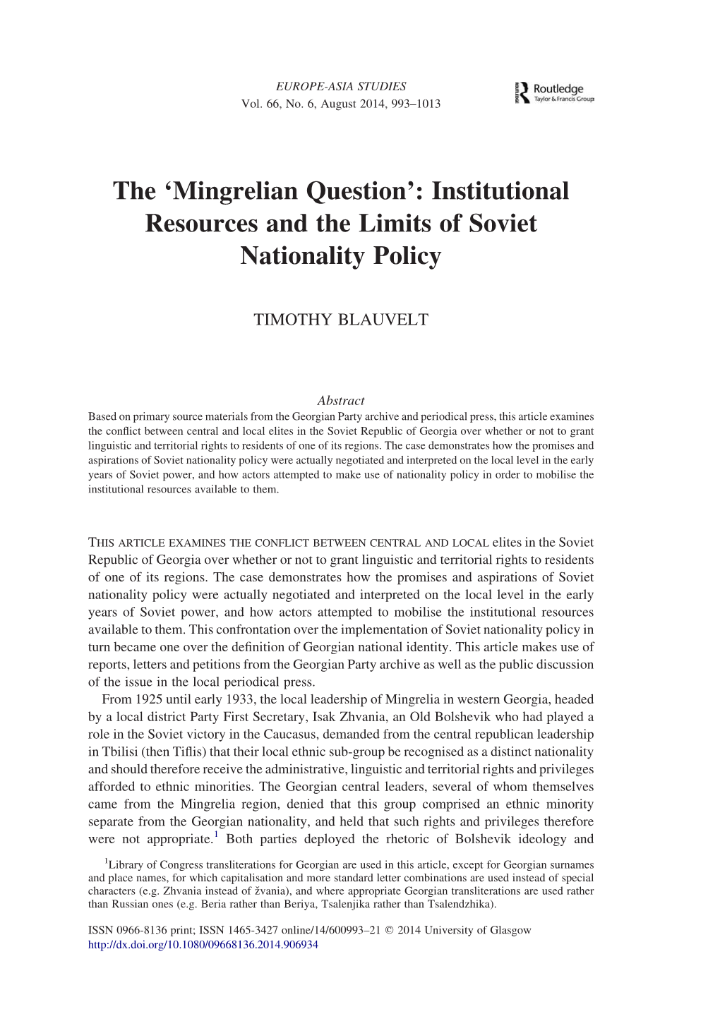 Mingrelian Question’: Institutional Resources and the Limits of Soviet Nationality Policy