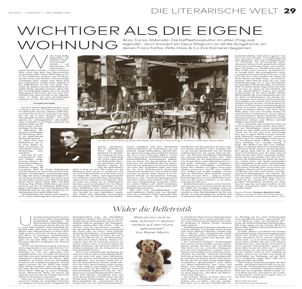 DIE LITERARISCHE WELT 29 WICHTIGER ALS DIE EIGENE Arco, Corso, Eldorado: Die Kaffeehauskultur Im Alten Prag War Legendär