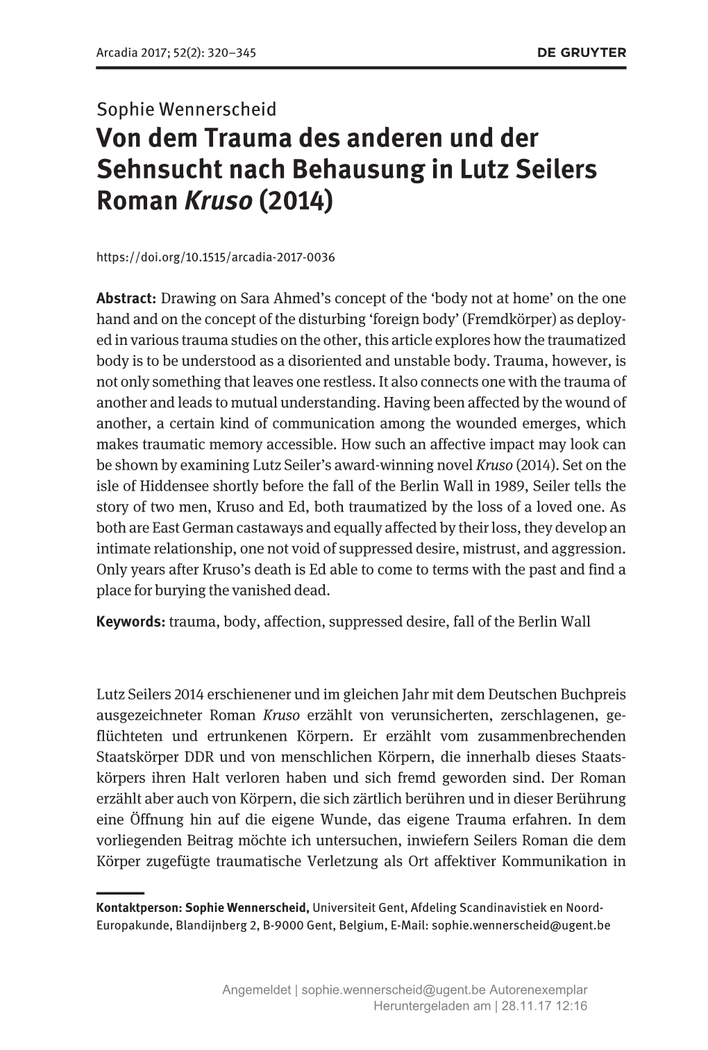 Von Dem Trauma Des Anderen Und Der Sehnsucht Nach Behausung in Lutz Seilers Roman Kruso (2014)