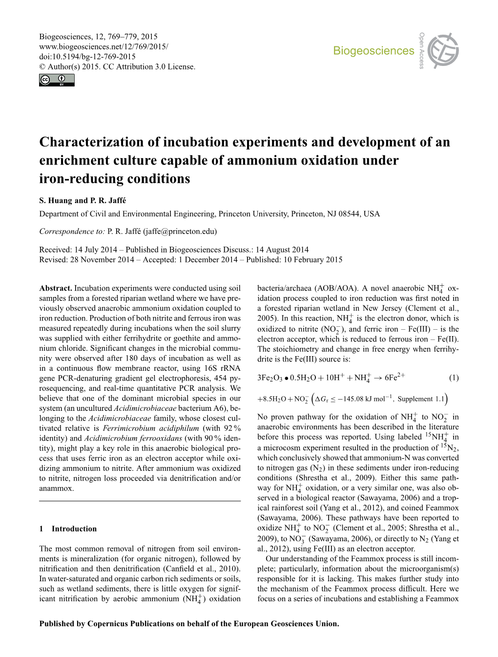 Characterization of Incubation Experiments and Development of an Enrichment Culture Capable of Ammonium Oxidation Under Iron-Reducing Conditions