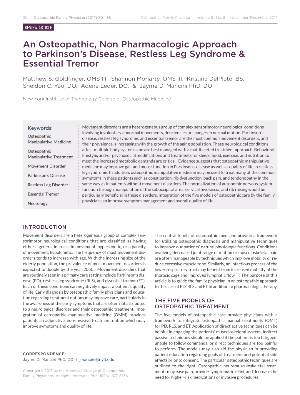 An Osteopathic, Non Pharmacologic Approach to Parkinson's Disease