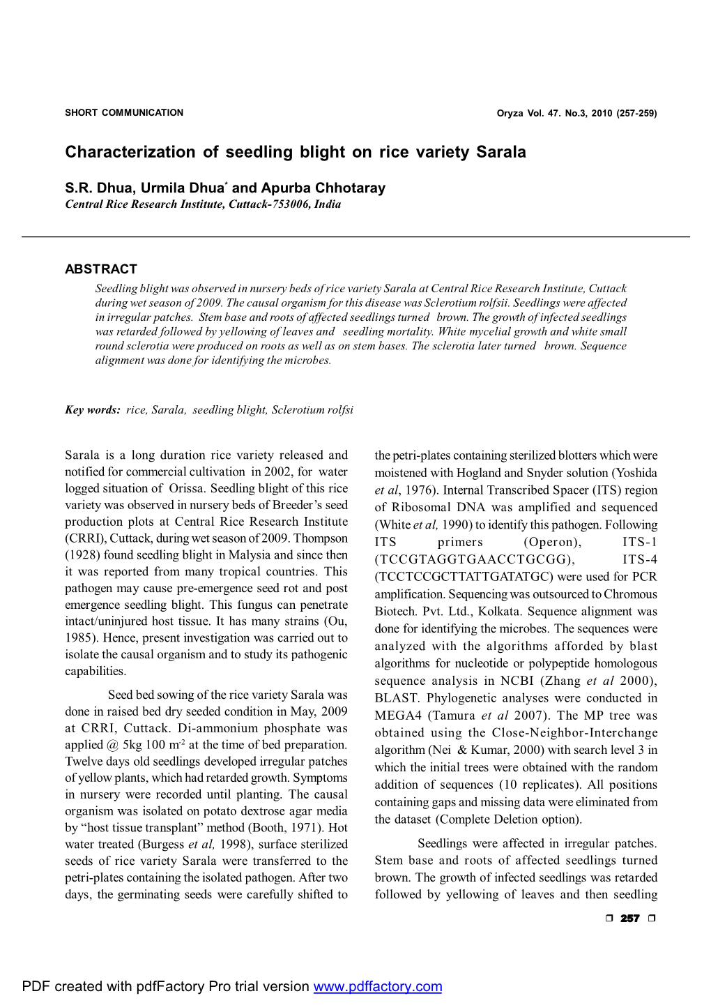 Characterization of Seedling Blight on Rice Variety Sarala