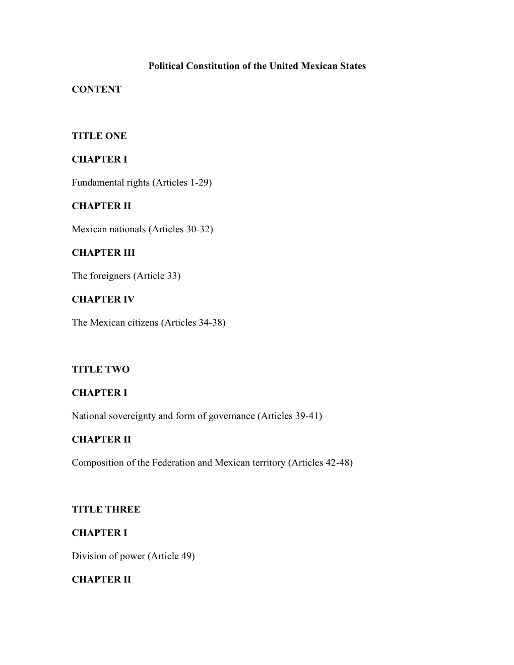 Political Constitution of the United Mexican States CONTENT TITLE