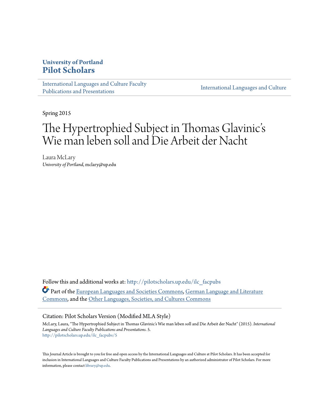 The Hypertrophied Subject in Thomas Glavinicâ•Žs Wie Man Leben Soll