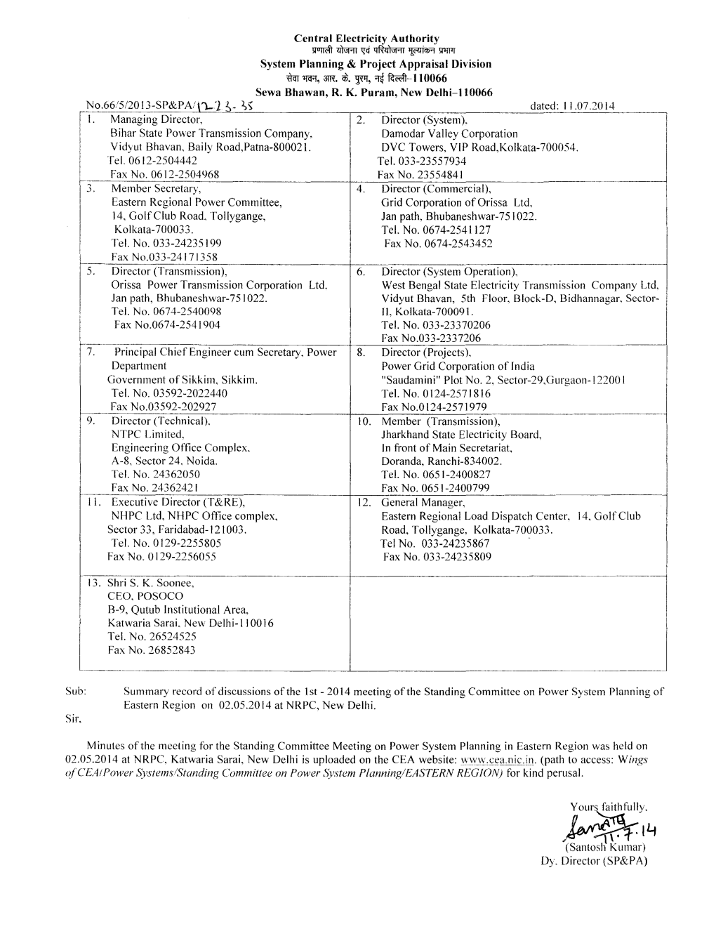 Minutes of Meeting of the 1St -2014 Standing Committees Meeting on Power System Planning in Eastern Region Held at NRPC, New Delhi on 02-05-2014