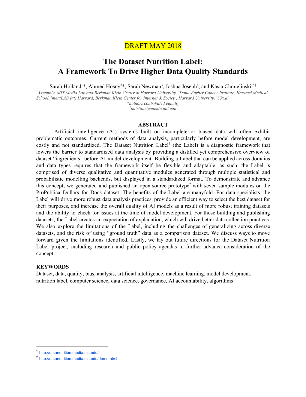 The Dataset Nutrition Label: a Framework to Drive Higher Data Quality Standards