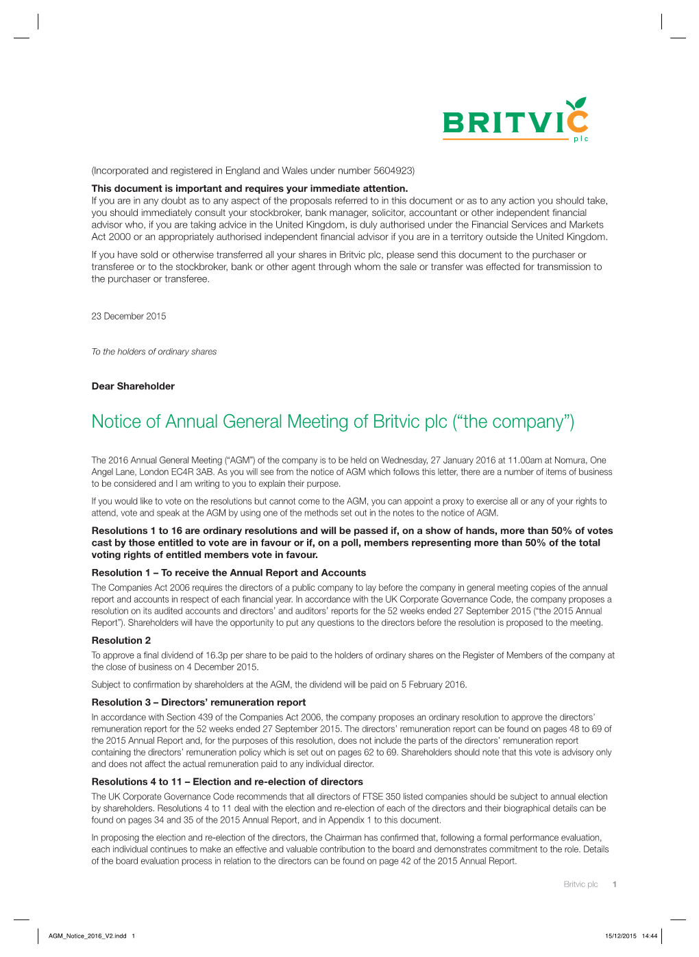 Notice of Annual General Meeting of Britvic Plc (“The Company”)
