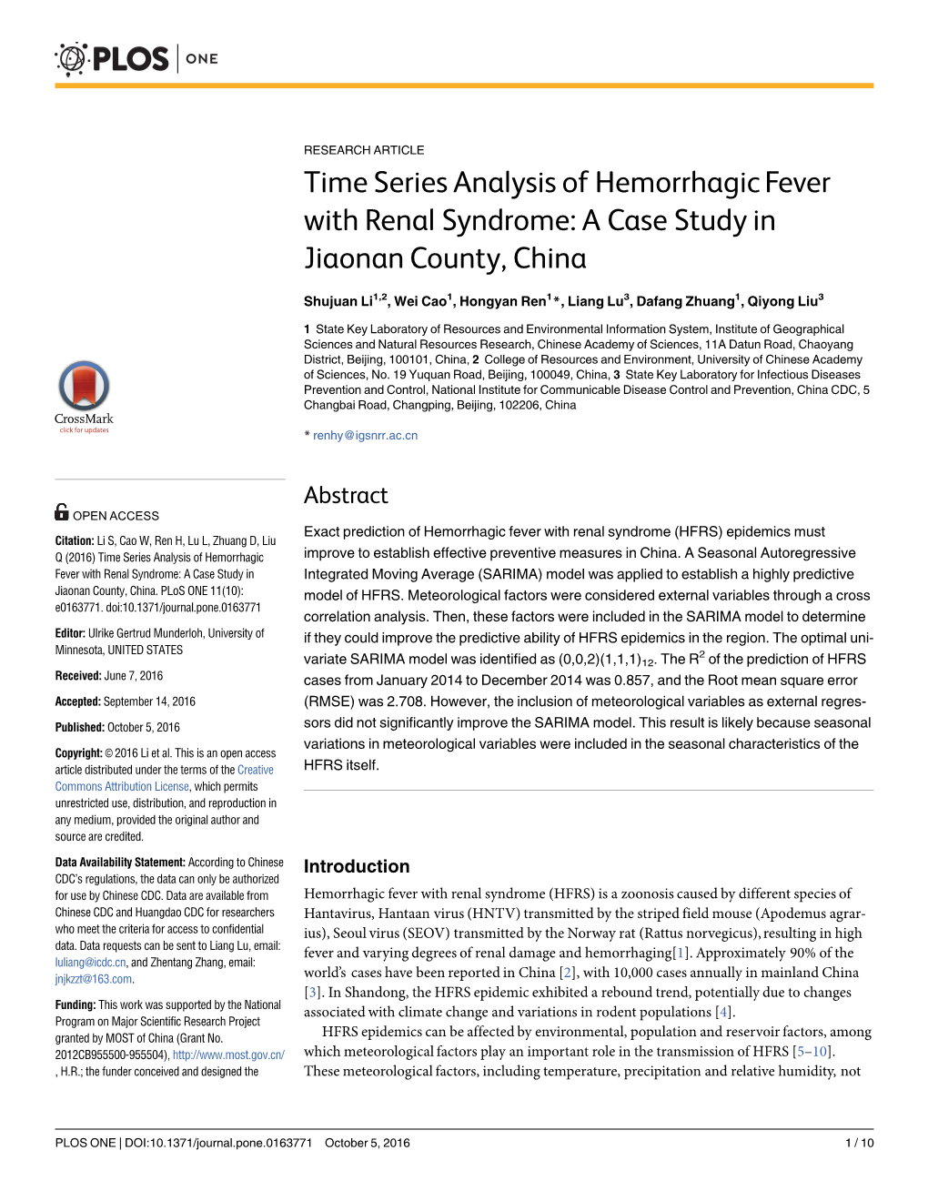 Time Series Analysis of Hemorrhagic Fever with Renal Syndrome: a Case Study in Jiaonan County, China