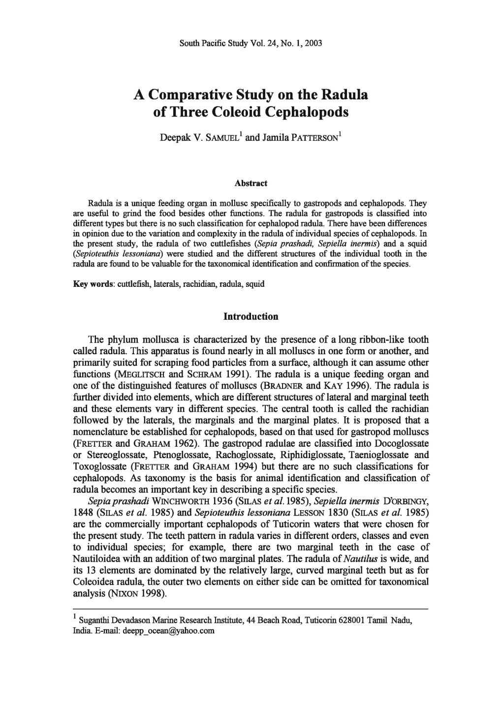 A Comparative Study on the Radula of Three Coleoid Cephalopods