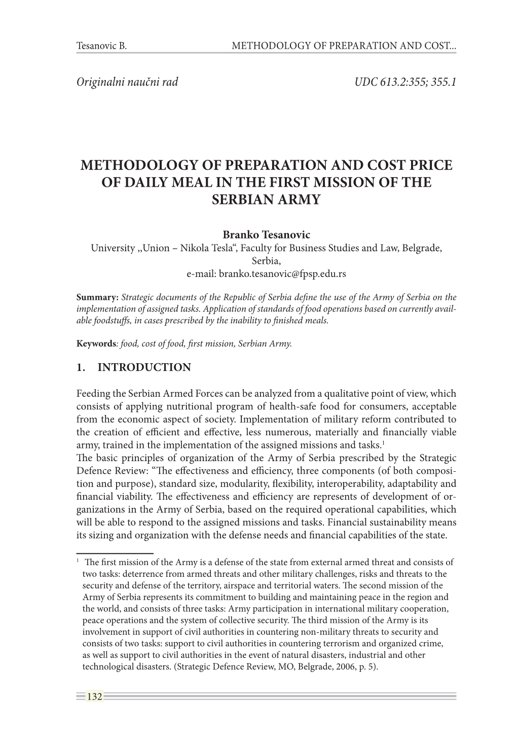 Methodology of Preparation and Cost Price of Daily Meal in the First Mission of the Serbian Army