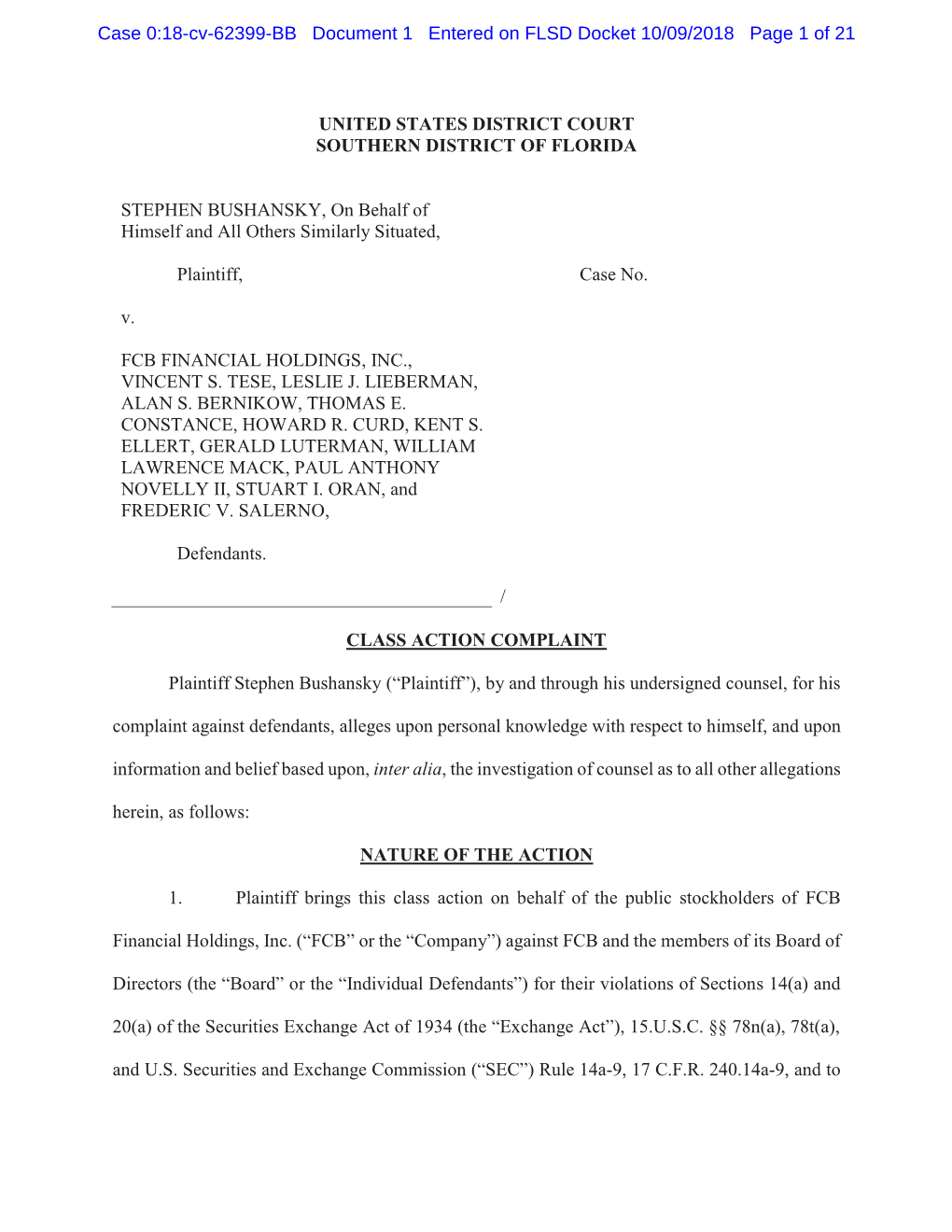 Stephen Bushansky, Et Al. V. FCB Financial Holdings, Inc., Et Al. 18